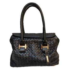Cole Haan Black Woven Leather Satchel Top Handle Handbag Purse Magnetic‎  Zipper
